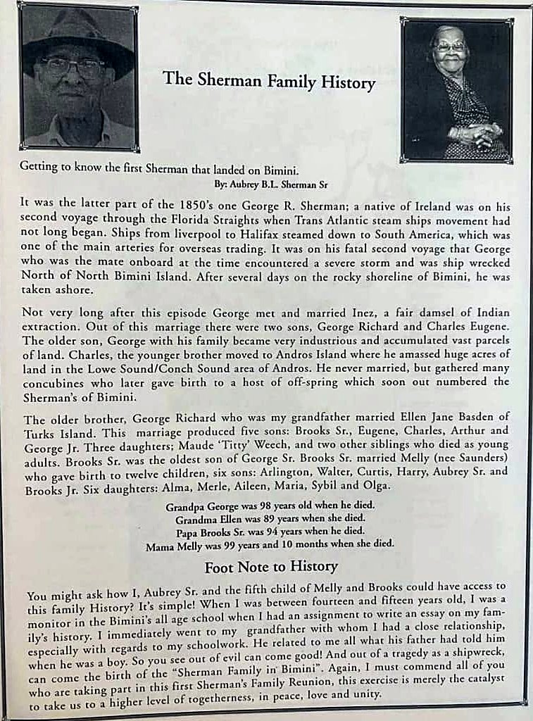 The original printed page of The Sherman Family History by Aubrey B. L. Sherman Sr., with photos of Brooks Sr. and Melly