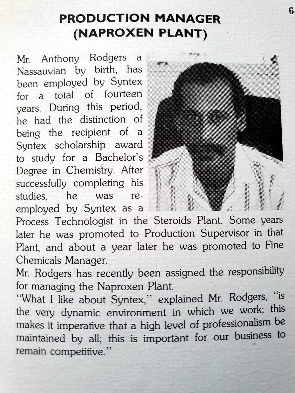 Syntex company newsletter profile titled Production Manager (Naproxen Plant), with a photo of Anthony Rodgers